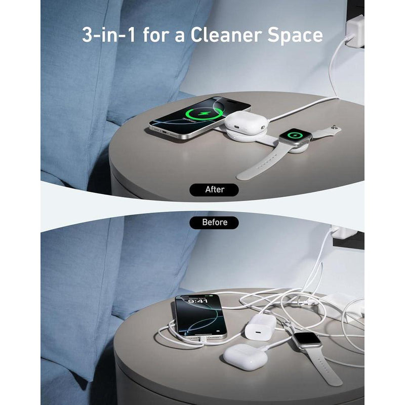 Anker MagSafe Cargador MagGo UFO 3 en 1 para iPhone, AirPods y Apple Watch, certificado Qi2, carga rápida de 15 W