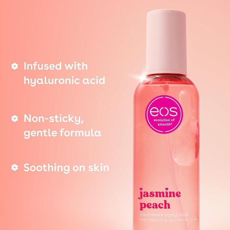 Spray corporal eos de cachemira, aroma jazmín y melocotón, hidratante con ácido hialurónico y glicerina, vegano y cruelty-free