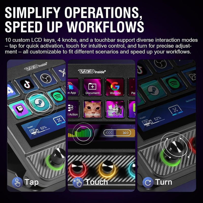 Teclado Macro y Controlador de Deck USB-C con Teclas Programables para Juegos y Streaming, Mezclador de Audio y Más