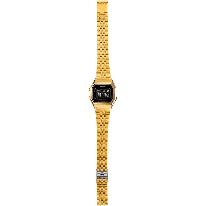 Reloj Casio para mujer modelo LA680WGA-1B, diseño dorado en metal con mecanismo de cuarzo, funciones de alarma y calendario
