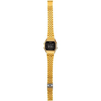 Reloj Casio para mujer modelo LA680WGA-1B, diseño dorado en metal con mecanismo de cuarzo, funciones de alarma y calendario