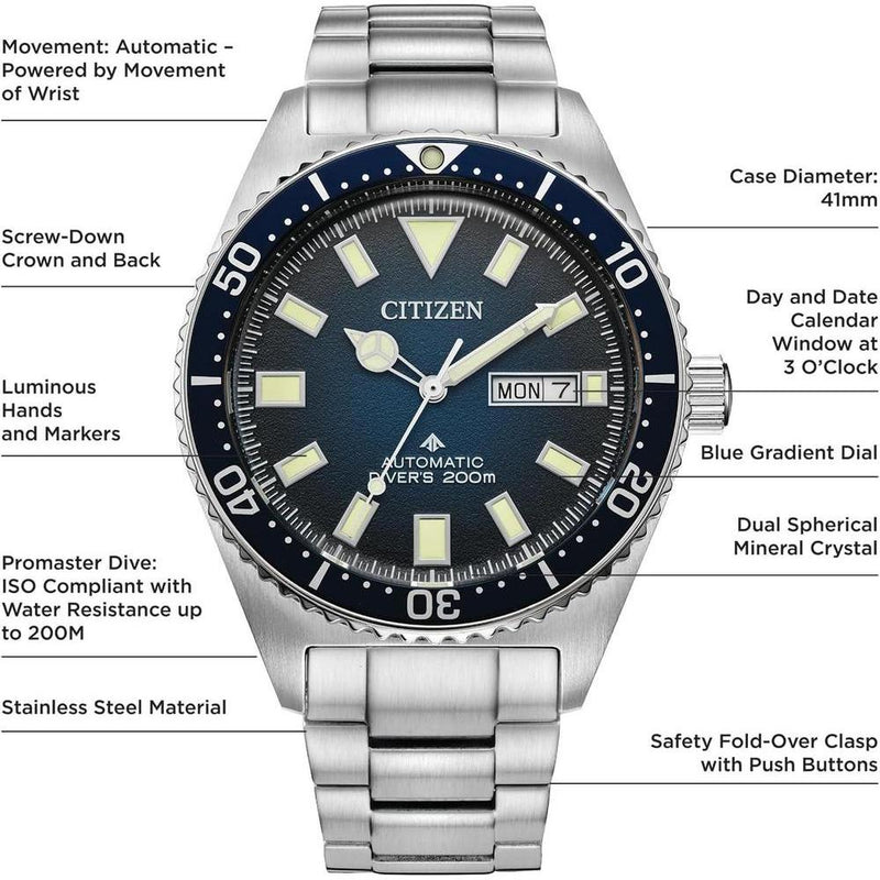 Reloj Citizen Promaster Dive automático de acero inoxidable con esfera degradado azul, certificado ISO (Modelo: NY0129-58L)