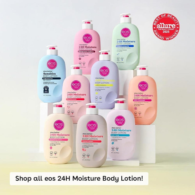 eos Shea Better Loción corporal Vanilla Cashmere, cuidado de la piel con humedad 24 horas y karité natural, vegano, ligera y no grasosa