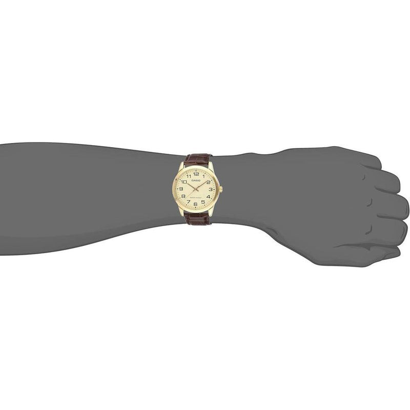 Casio Reloj de cuarzo de acero inoxidable para hombre, correa de cuero marrón, modelo EAW-MTP-V001GL-9B