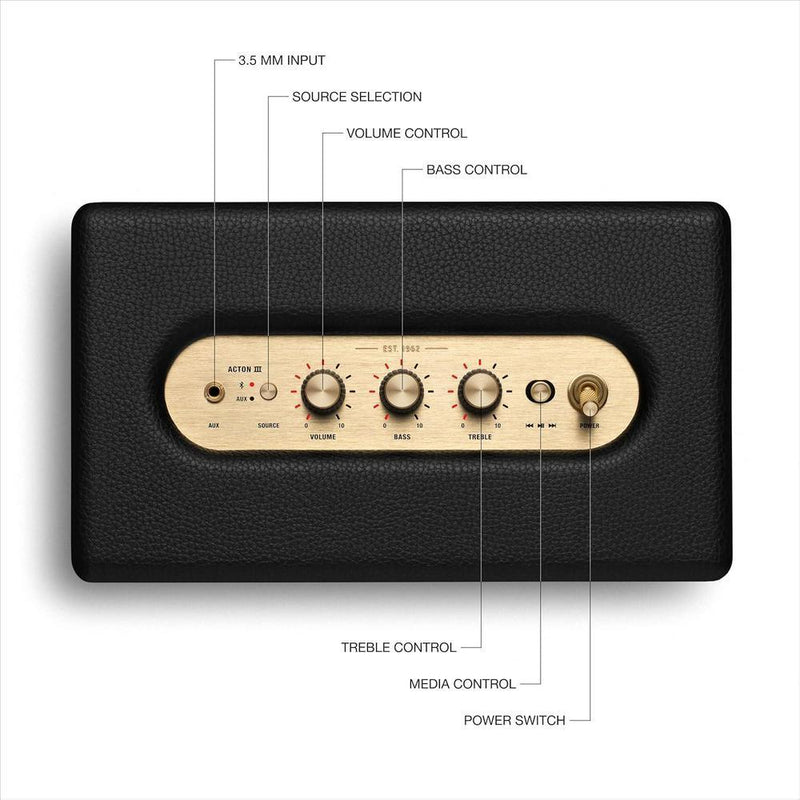Marshall Acton III - Altavoz Bluetooth para el hogar en color negro, con conectividad Bluetooth 5.2 y un diseño sostenible