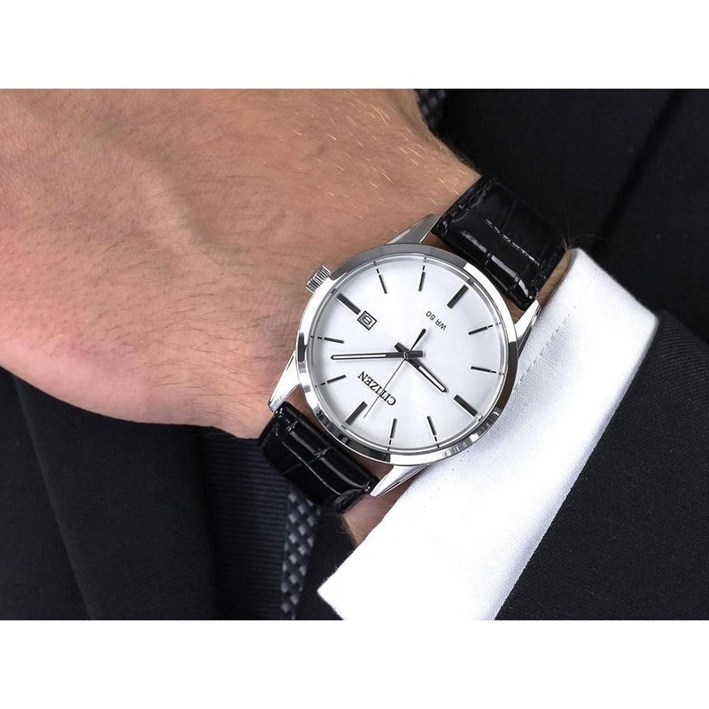 Citizen reloj de hombre, diseño casual, movimiento de cuarzo en acero inoxidable y cuero, color negro, modelo BI5000-01A