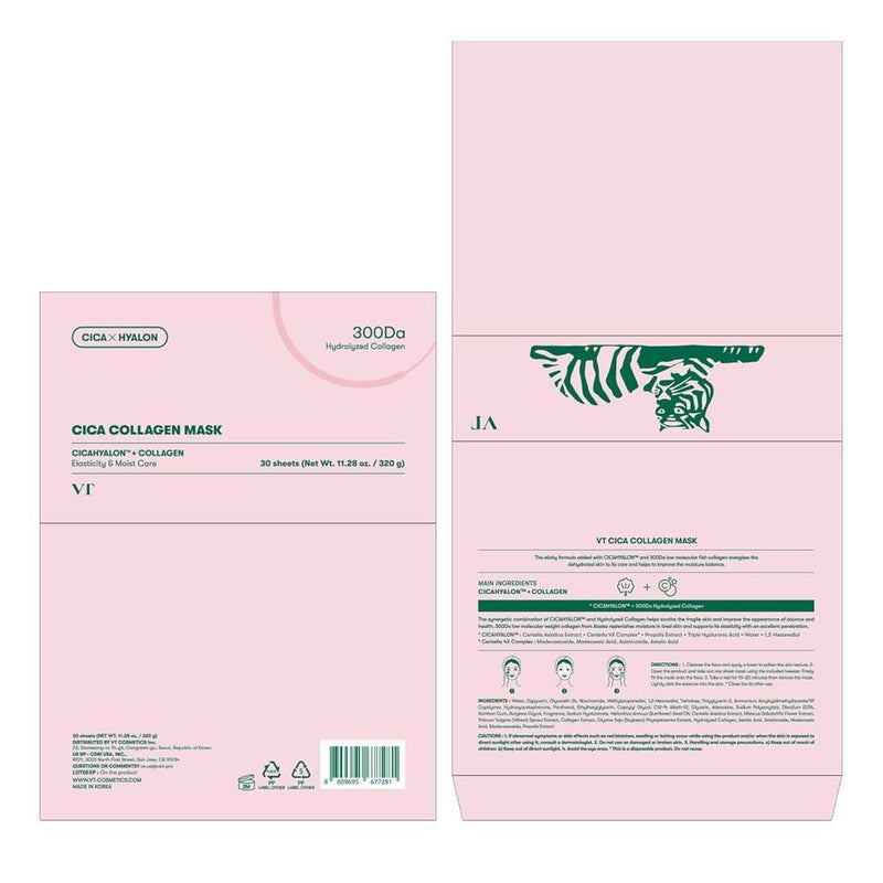VT COSMETICS CICA Máscara de Colágeno para Elasticidad, Hidratación y Reafirmación de la Piel, Coreana, 30 Hojas