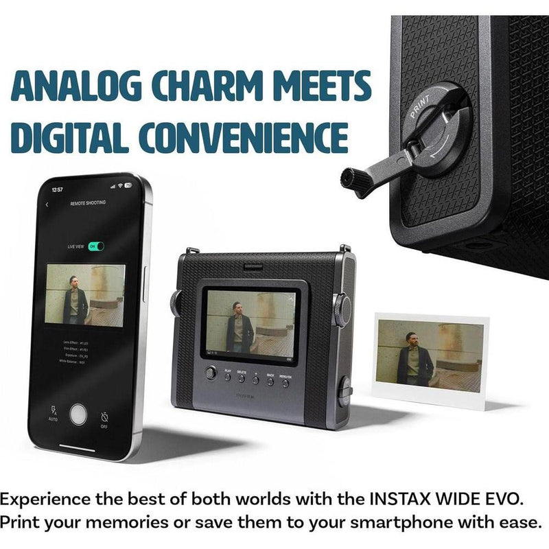 Fujifilm Instax Wide Evo Hybrid Instant Camera Bundle con funda, tarjeta de 32GB y más accesorios