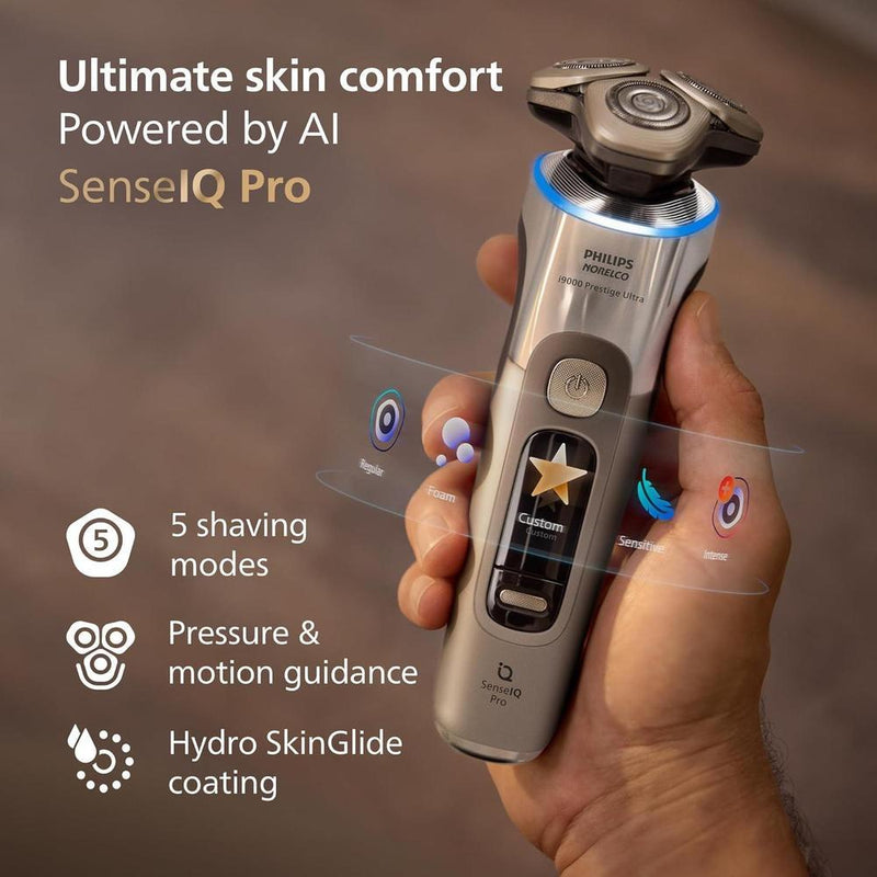 Philips Norelco Shaver i9000 Prestige Ultra, afeitadora eléctrica húmedo y seco, oro blanco, tecnología SenseIQ Pro, cuchillas NanoTech