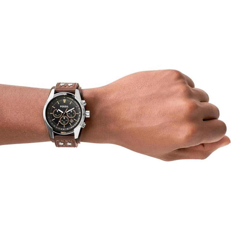 Reloj Fossil Coachman de cuarzo, acero inoxidable y cuero, cronógrafo analógico resistente al agua, color marrón y negro