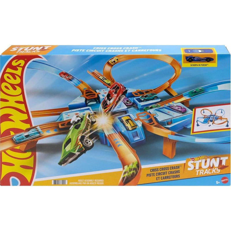 Hot Wheels Track Set con Auto de Juguete a Escala, Intersecciones para Choques, Booster Motorizado, Criss-Cross Crash Track