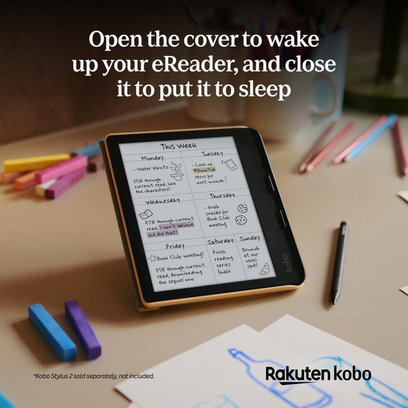 Kobo Libra Colour SleepCover | Amarillo mantequilla | Tecnología Sleep/Wake, soporte de 2 vías, cuero vegano, compatible