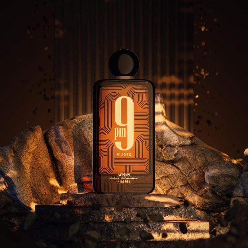 Afnan 9 PM Elixir Unisex Extrait de Parfum de larga duración con fragancia cálida picante para uso nocturno