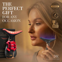 GLO24K Dispositivo facial y cuello con luz roja, masajeador 3 en 1 con vibración y LED para revitalizar y reafirmar la piel