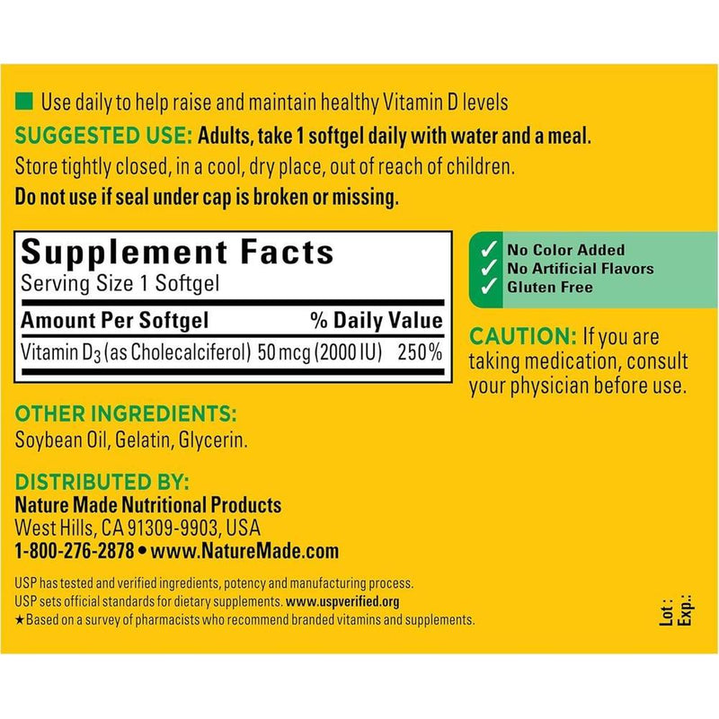 Nature Made Vitamina D3 2000 UI suplemento para el apoyo de salud ósea, dental, muscular e inmunológica, 250 cápsulas blandas