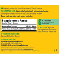 Nature Made Vitamina D3 2000 UI suplemento para el apoyo de salud ósea, dental, muscular e inmunológica, 250 cápsulas blandas