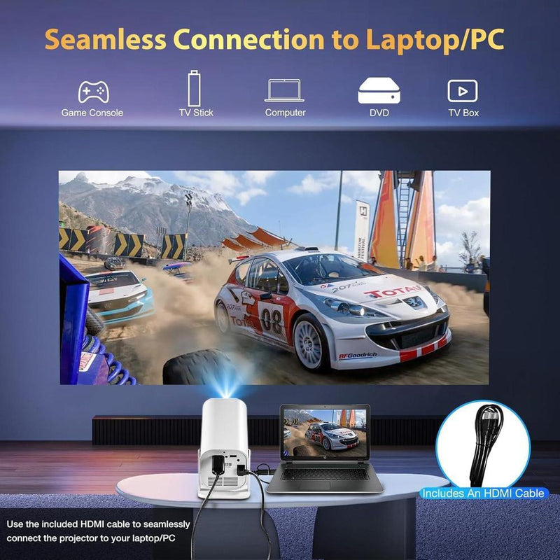 Proyector portátil con WiFi y Bluetooth, enfoque eléctrico y aplicaciones integradas, compatible con smartphones