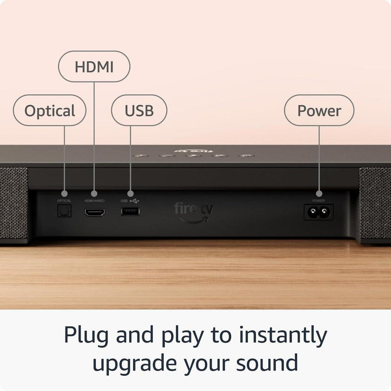 Barra de sonido Amazon Fire TV Plus con diseño todo en uno, Dolby Atmos, DTS:X y diálogos nítidos