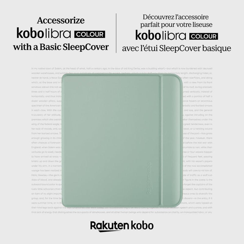 Funda Kobo Libra Colour SleepCover verde jardín, tecnología de sueño y despertador. Soporte 2 vías y cuero vegano