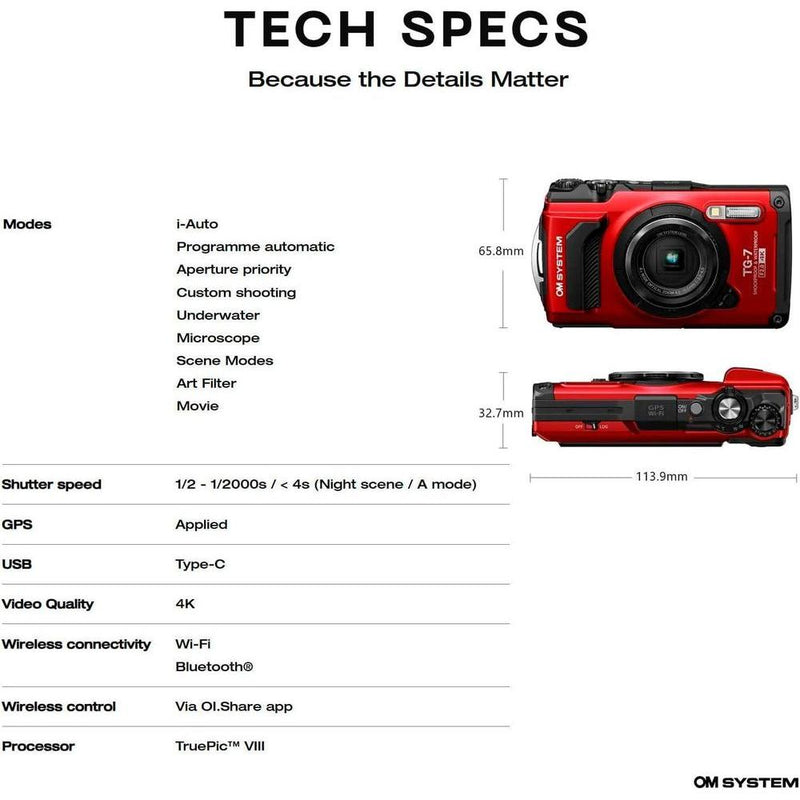 OM System OLYMPUS Tough TG-7 Cámara Subacuática Roja, Impermeable, Alta Resolución y Brillo, Video 4K, Disparo Macro