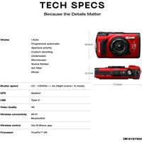 OM System OLYMPUS Tough TG-7 Cámara Subacuática Roja, Impermeable, Alta Resolución y Brillo, Video 4K, Disparo Macro