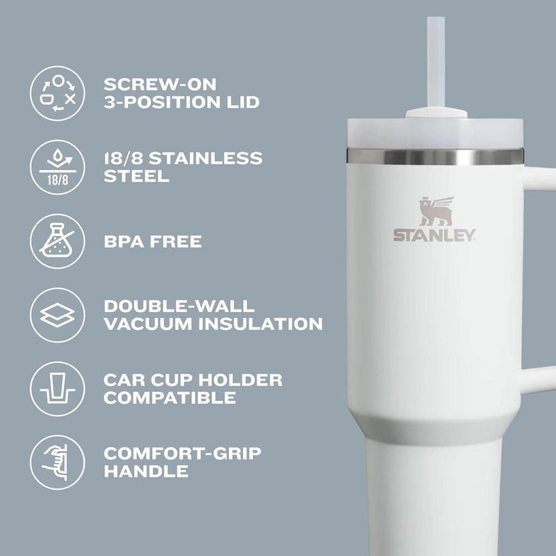 Stanley Quencher H2.0, vaso acero inoxidable con asa, pajilla, tapa giratoria FlowState, aislamiento térmico, sin BPA, azul claro