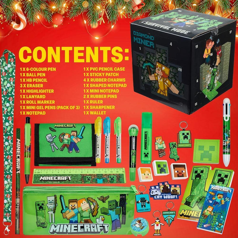 Calendario de Adviento Minecraft 2025 para niños con 24 artículos de papelería temática, ideal para regalos navideños