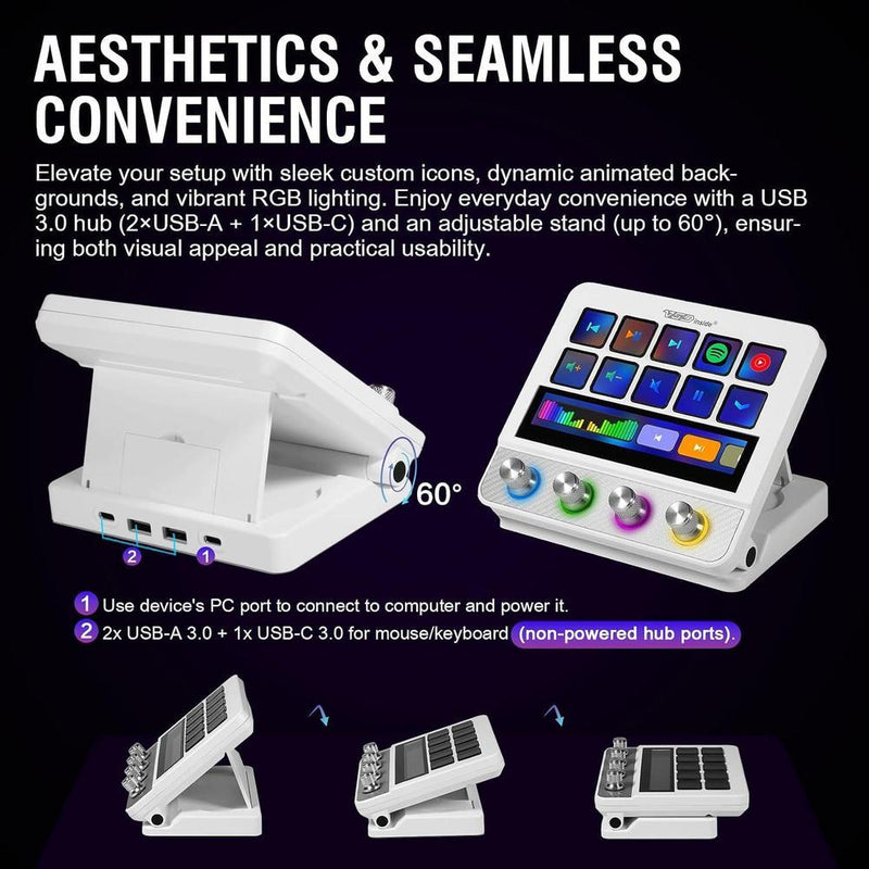 Controlador de streaming VSDINSIDE con teclas programables, macros, efectos sonoros y soporte ergonómico, compatible con Mac y PC