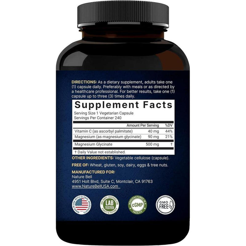 Cápsulas de glicinato de magnesio 500 mg, 240 unidades, 100% quelado, probado por terceros, sin OGM y sin gluten