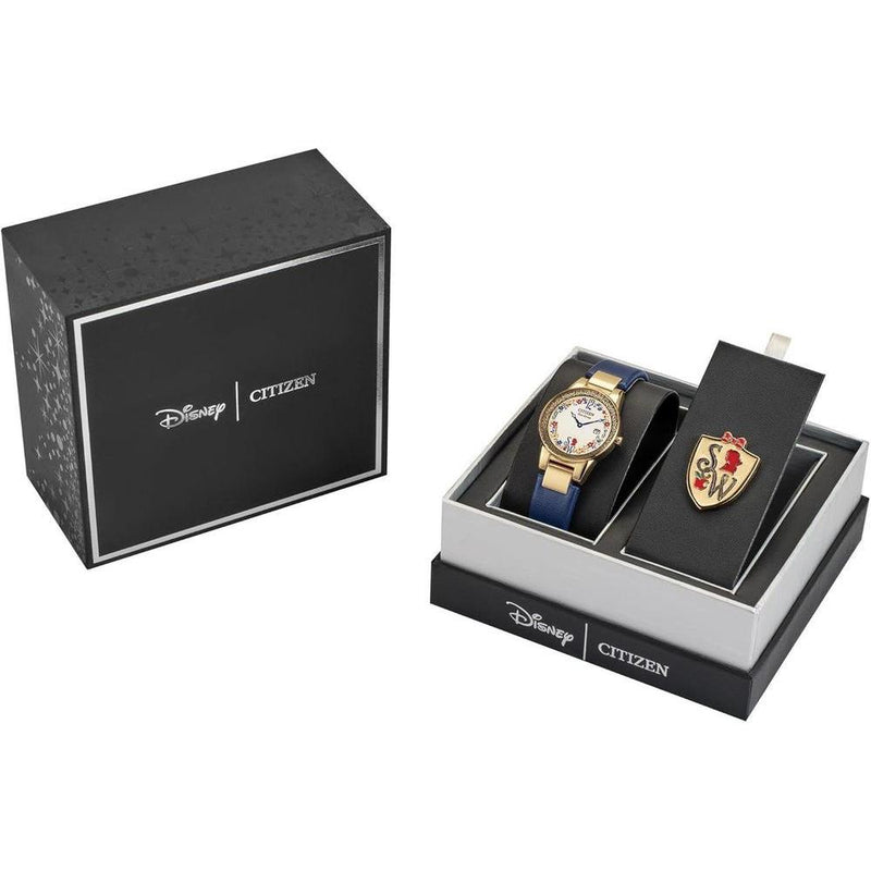 Citizen Eco-Drive Disney Princess, caja de acero oro con correa de cuero azul y juego de regalo de alfiler, modelo GA1079-41W
