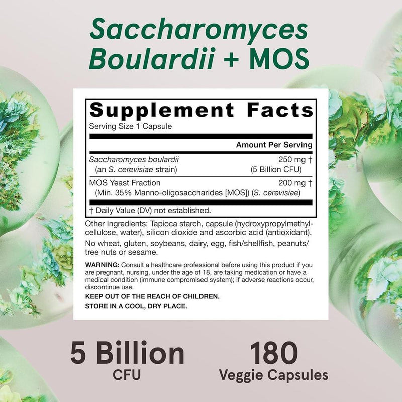 Jarrow Formulas Saccharomyces Boulardii + MOS Probiotics, Apoyo Digestivo e Intestinal, 5B CFU, 180 Cápsulas, Vegano