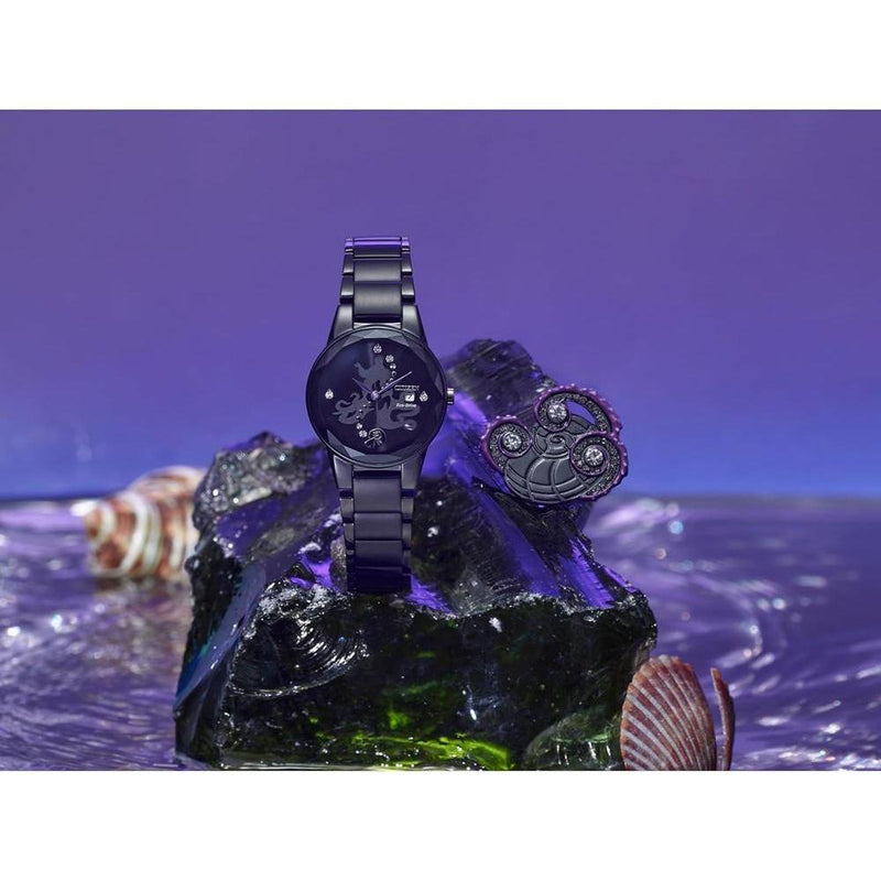 Citizen Eco-Drive Disney Villian Ursula Crystal reloj y pin set de regalo negro iones, esfera negra