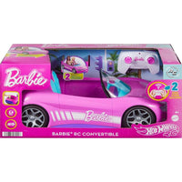 Coche RC Hot Wheels Barbie Convertible Rosa, para 2 Muñecas Barbie y Maletero que Abre, con Hoja de Pegatinas