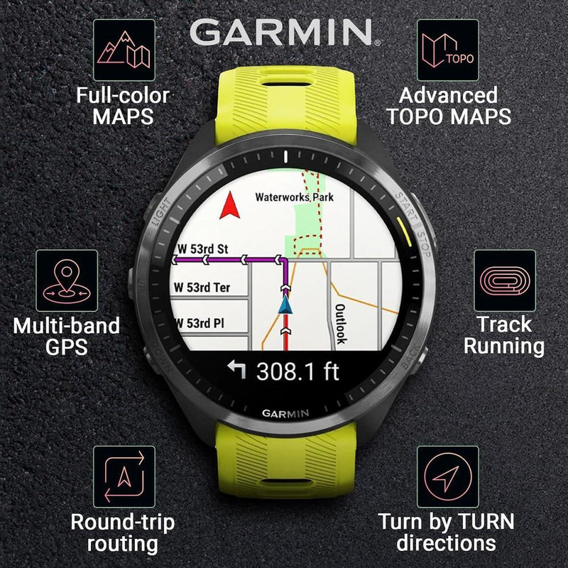 Garmin Forerunner 965 Smartwatch Premium, 1,4 Pulgadas, AMOLED, 32GB, GPS, Gris Carbón Y Amarillo