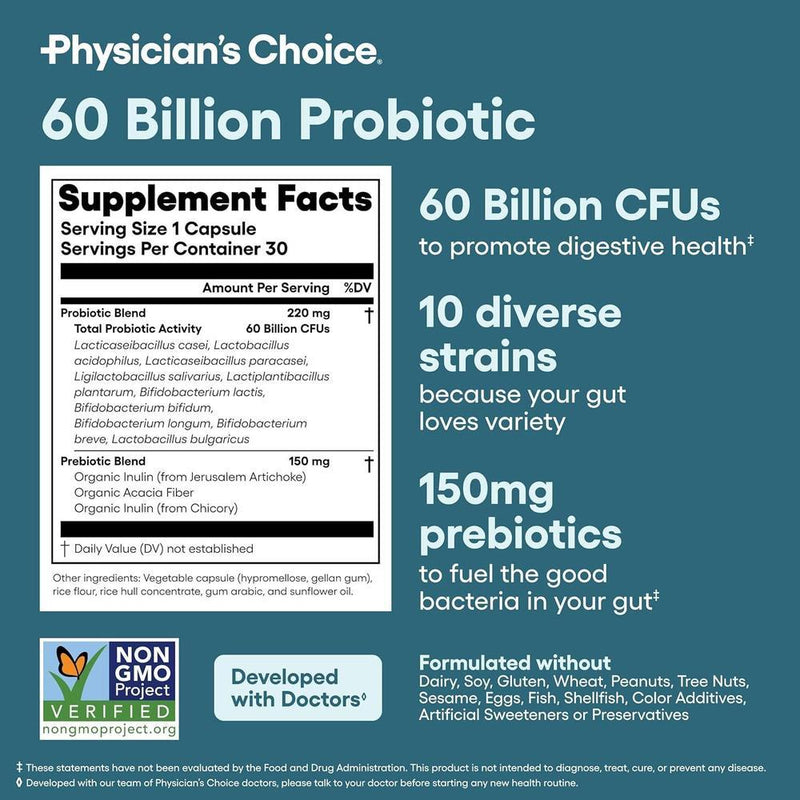 Probióticos Physician's CHOICE, 60 mil millones UFC, 10 cepas y prebióticos orgánicos para salud digestiva, intestinal e inmunológica