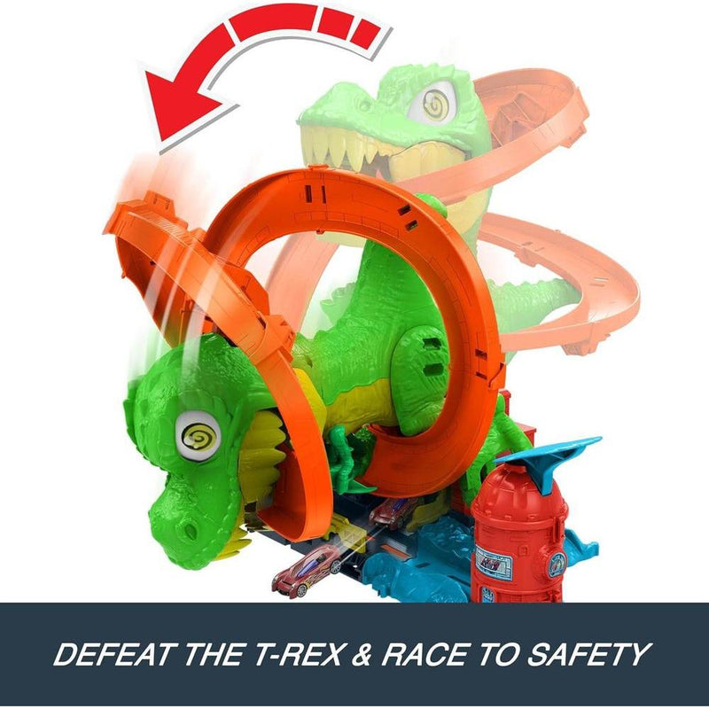 Hot Wheels Toy Car Track Set, City T-Rex Blaze Battle Playset & 1:64 Scale Die-Cast Vehicle with Spinning Dinosaur Eyes