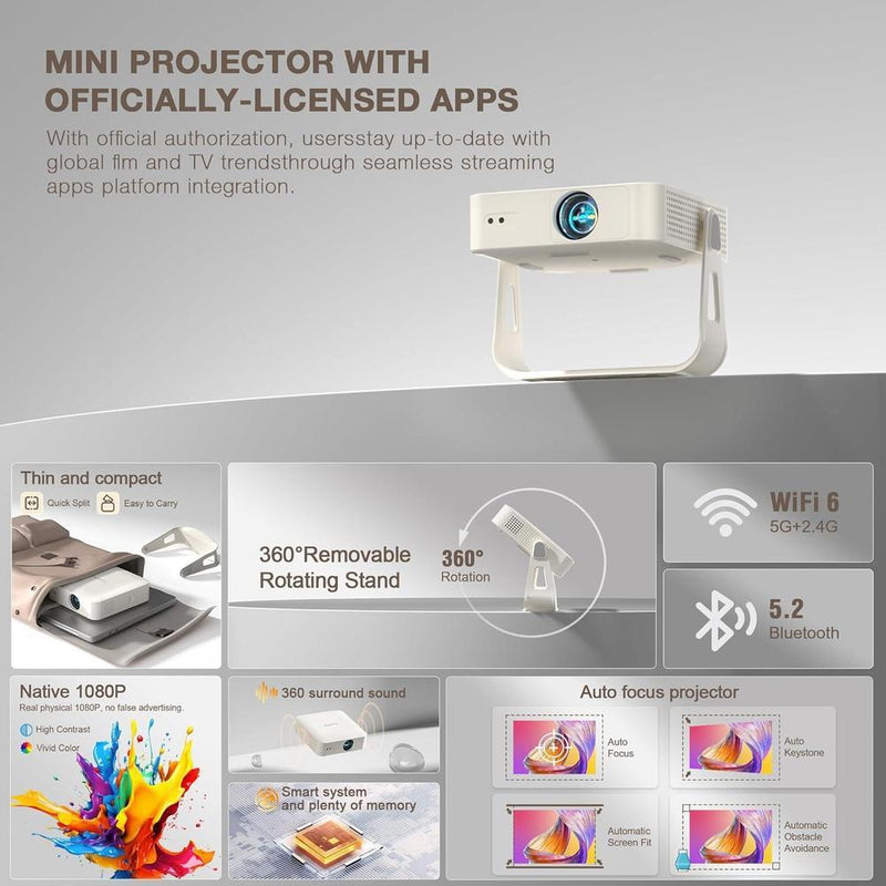 Mini Proyector Inteligente con WiFi, Bluetooth y enfoque automático, XuanPad Proyector para exteriores 4K y portátil nativo 1080P