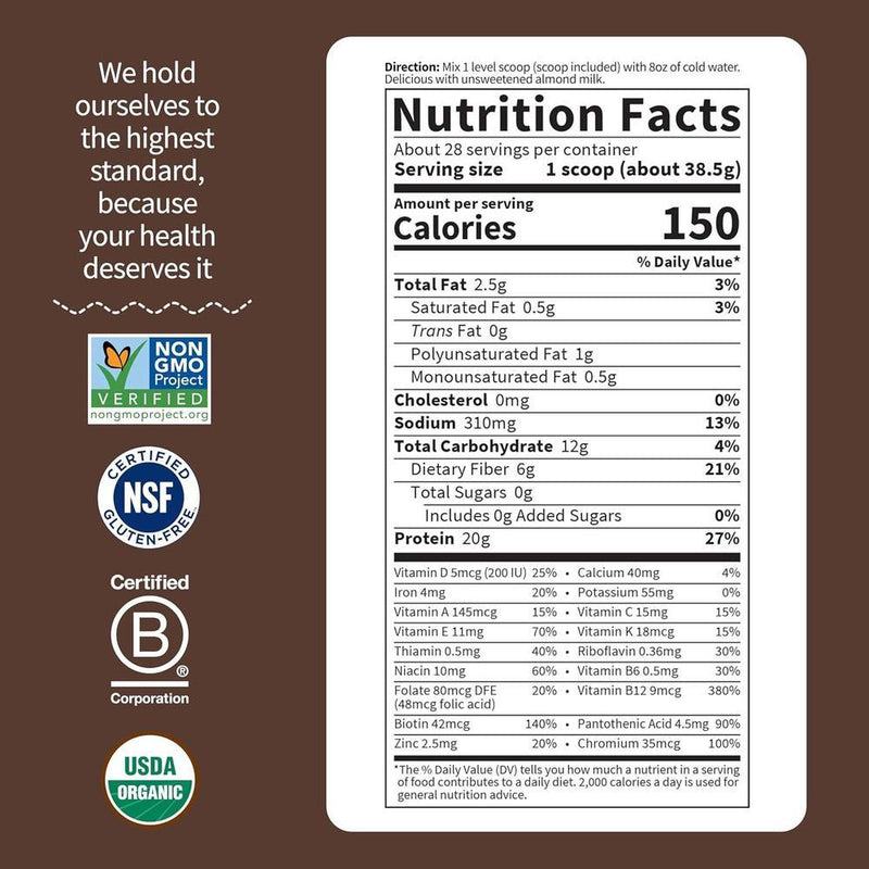 Batido de proteína orgánica Garden of Life sabor chocolate, alto en proteína y fibra, libre de lácteos y sin gluten