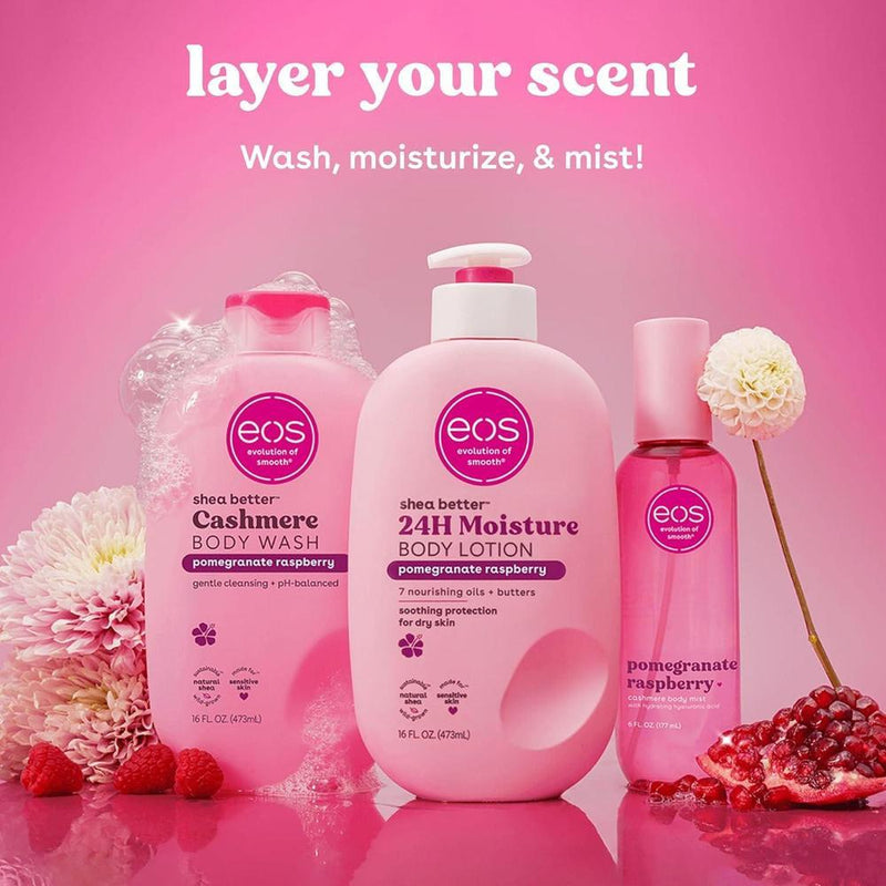 eos Spray corporal vegano y fragante con granada y frambuesa para mujer, con ácido hialurónico y libre de crueldad