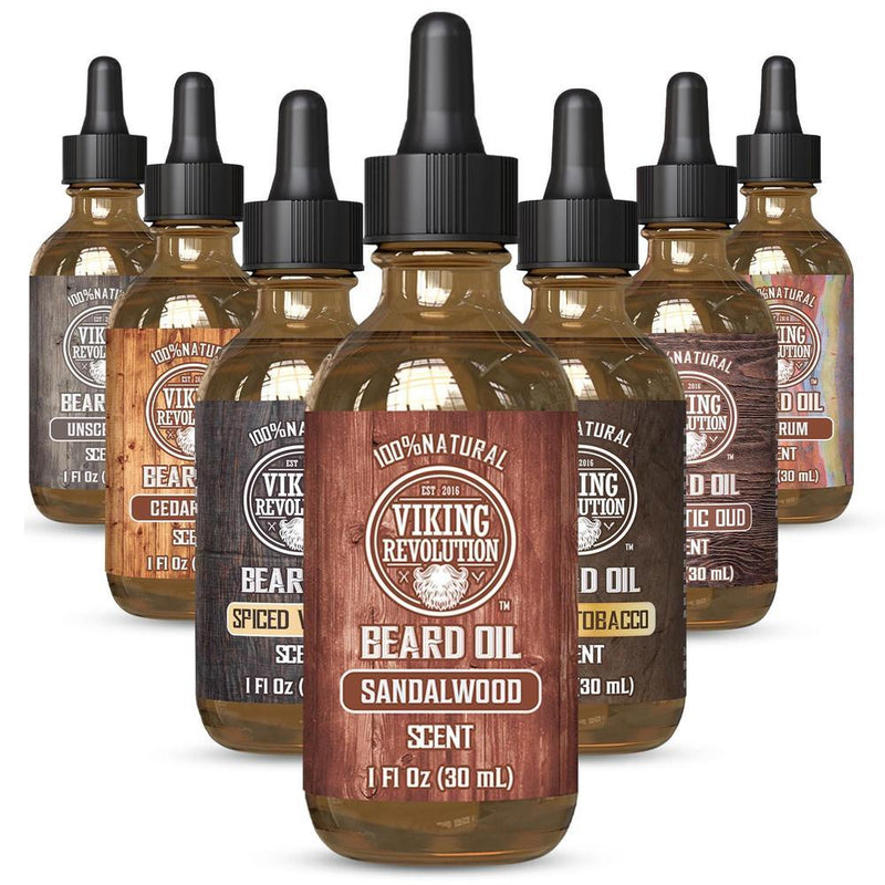 Aceite de barba para hombres con argán y jojoba Viking Revolution, suavizante, hidratante y acondicionador, aroma a sándalo