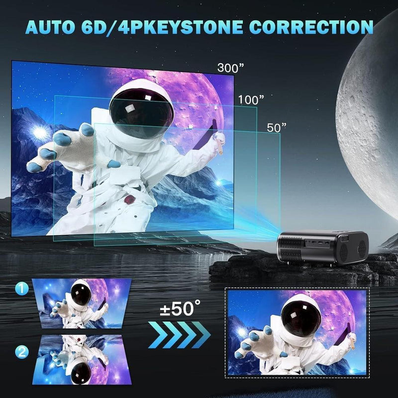 Proyector portátil 4K con auto enfoque, WiFi y Bluetooth, corrección de keystone, zoom 50%-100%, ideal para cine en casa y exterior