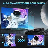 Proyector portátil 4K con auto enfoque, WiFi y Bluetooth, corrección de keystone, zoom 50%-100%, ideal para cine en casa y exterior