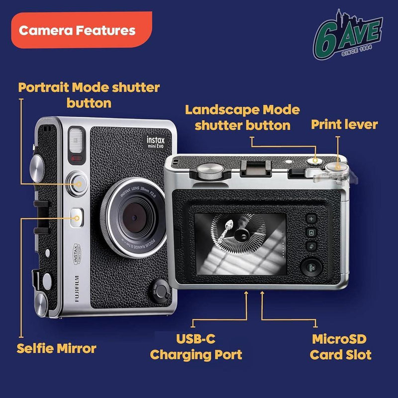 Fujifilm Instax Mini EVO Cámara Híbrida Instantánea Paquete con Película, Tarjeta de Memoria y Estuche
