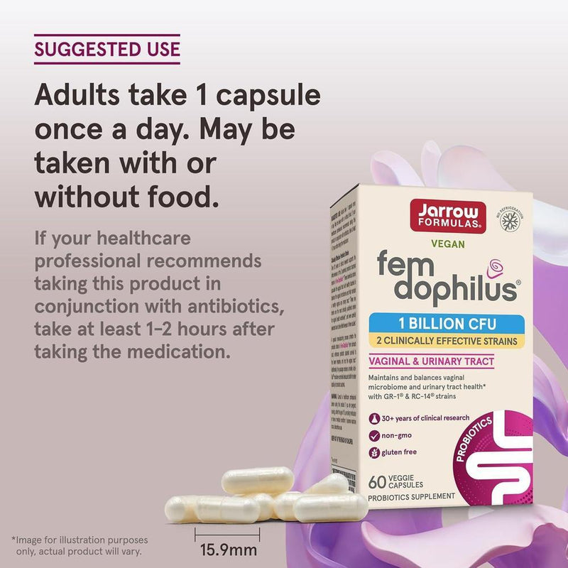 Jarrow Formulas Fem-Dophilus con 1 mil millones de UFC y 2 cepas científicas, suplemento para apoyo del tracto vaginal y urinario
