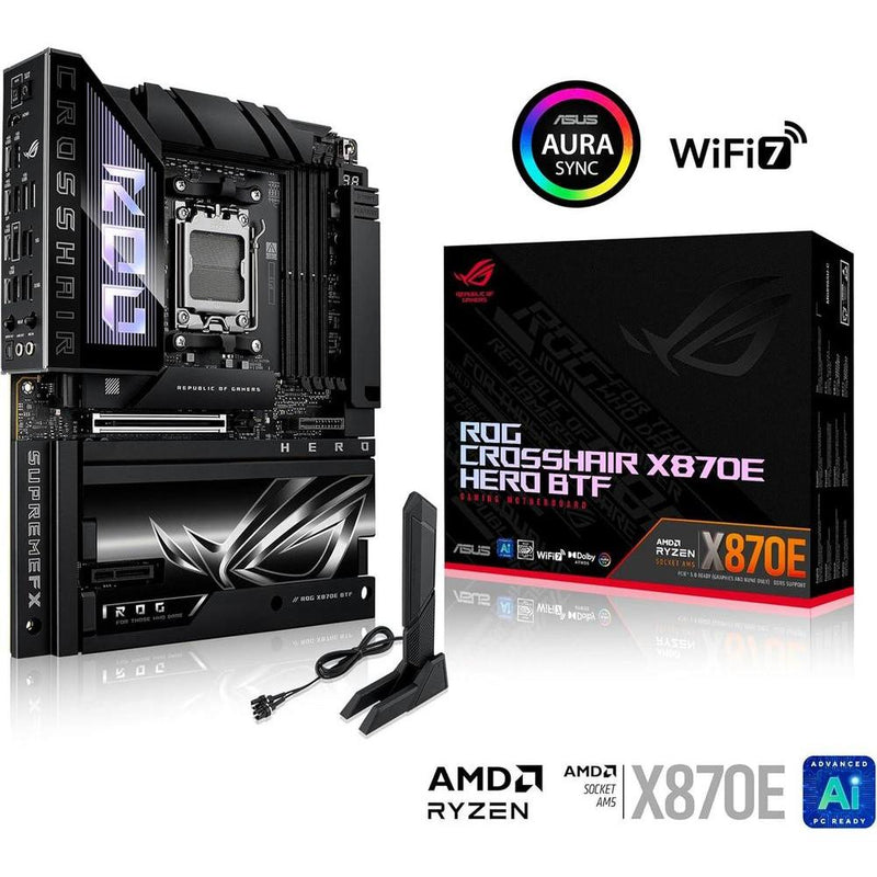 Placa base ROG Crosshair X870E Hero BTF AMD ATX, diseño conector oculto, ranura GPU alta potencia, DDR5, WiFi 7, PCIe 5.0, USB4