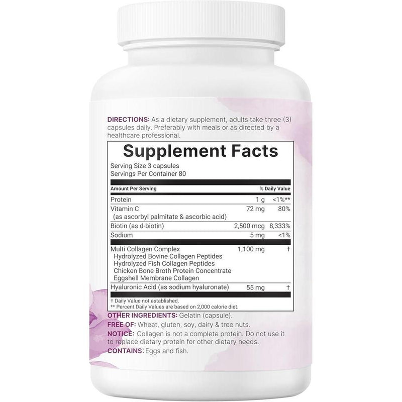 Píldoras de colágeno múltiple con biotina, ácido hialurónico y complejo de vitamina C. Sin OMG ni rellenos. 240 cápsulas