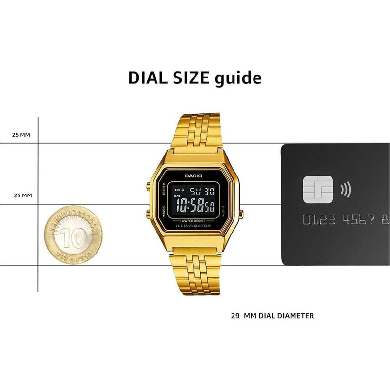 Reloj Casio para mujer modelo LA680WGA-1B, diseño dorado en metal con mecanismo de cuarzo, funciones de alarma y calendario
