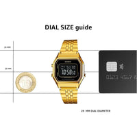 Reloj Casio para mujer modelo LA680WGA-1B, diseño dorado en metal con mecanismo de cuarzo, funciones de alarma y calendario