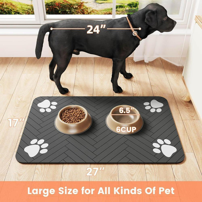 Tapete de alimentación para mascotas, absorbente para comida y agua, base de goma impermeable, gris oscuro a rayas