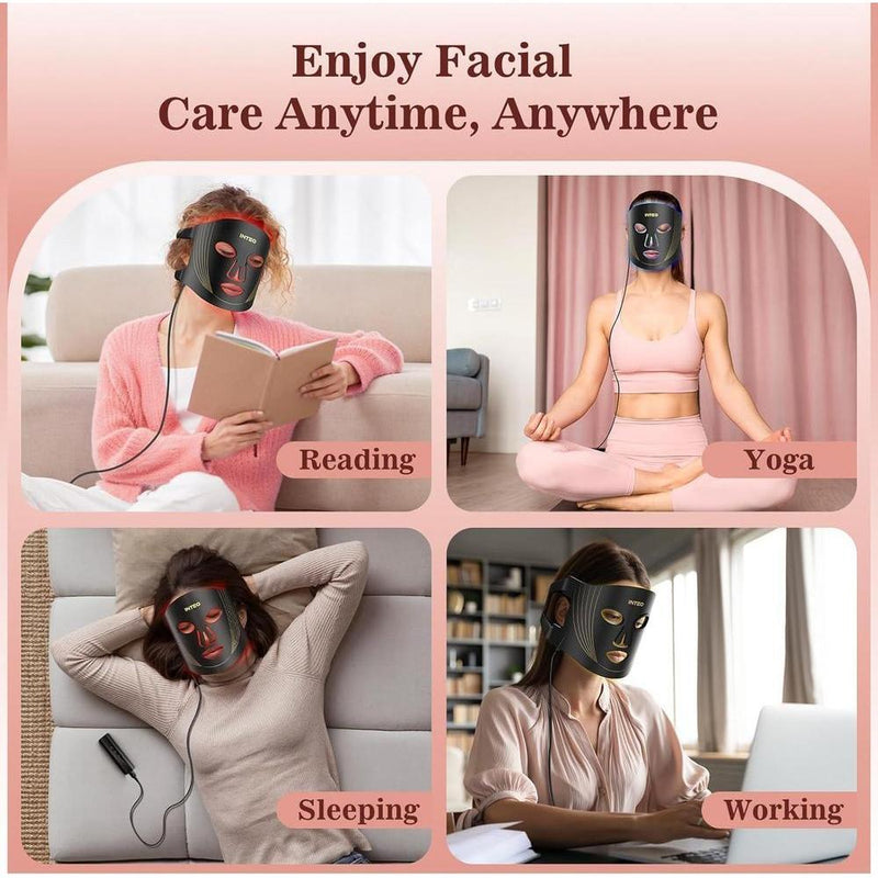 Máscara facial LED INTEO con terapia de luz roja, infrarroja y amarilla. Portátil, 3 modos con control remoto